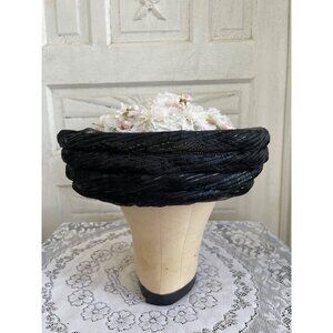 Vintage 1950s Black Woven Bumber Hat With White Millinery Flowers